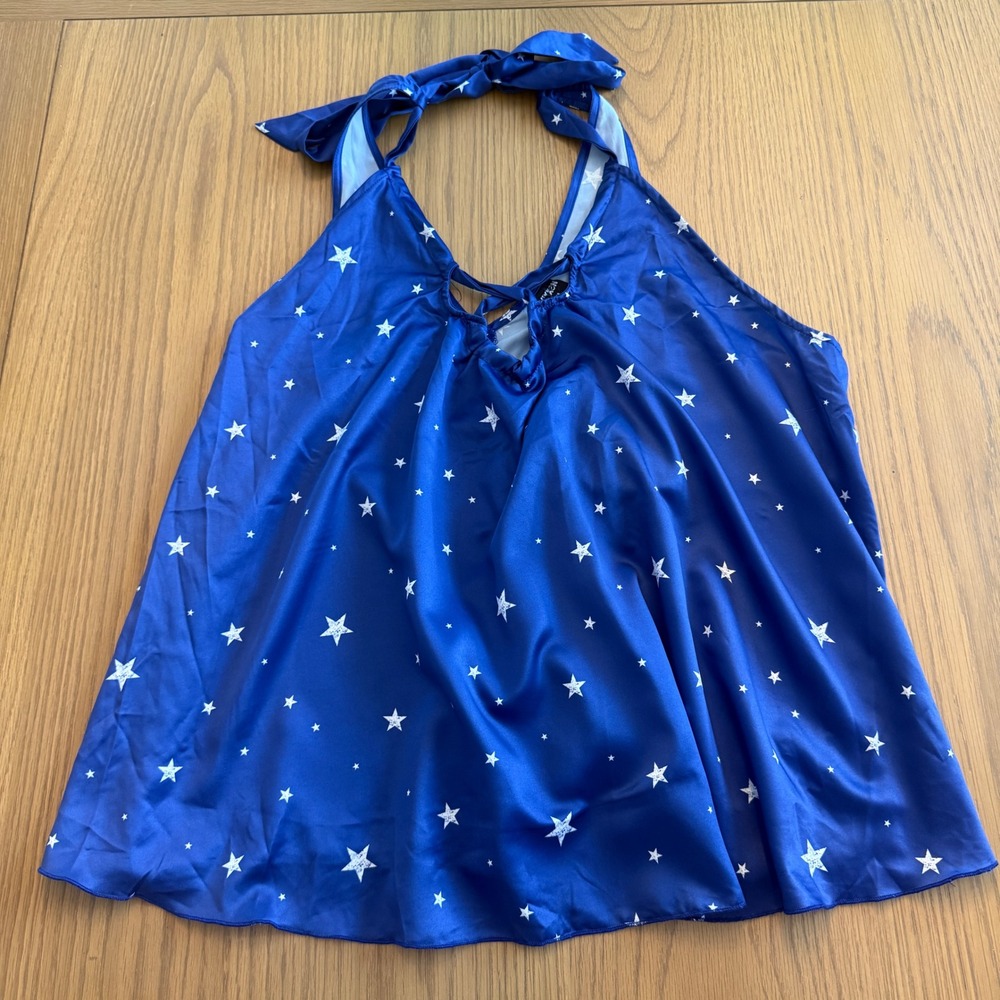 VIXXEN Halter Top Women XL Blue Star Print Satin‎ Celestial Tie Neck Sleeveless